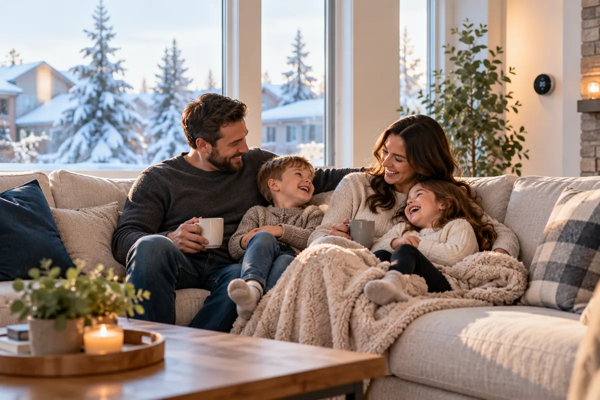 Family relaxing in a warm living room