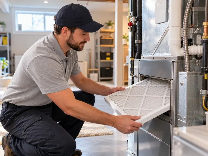 Technician changing a furnace filter